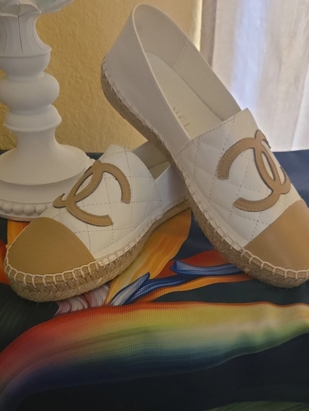 👡White And Beige Slip Loafers - Picture 1 of 5